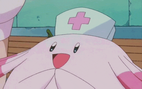 A nurse Chansey Pokémon opening and closing their mouth in gleeful surprise, with eyes glittering of joyousness.